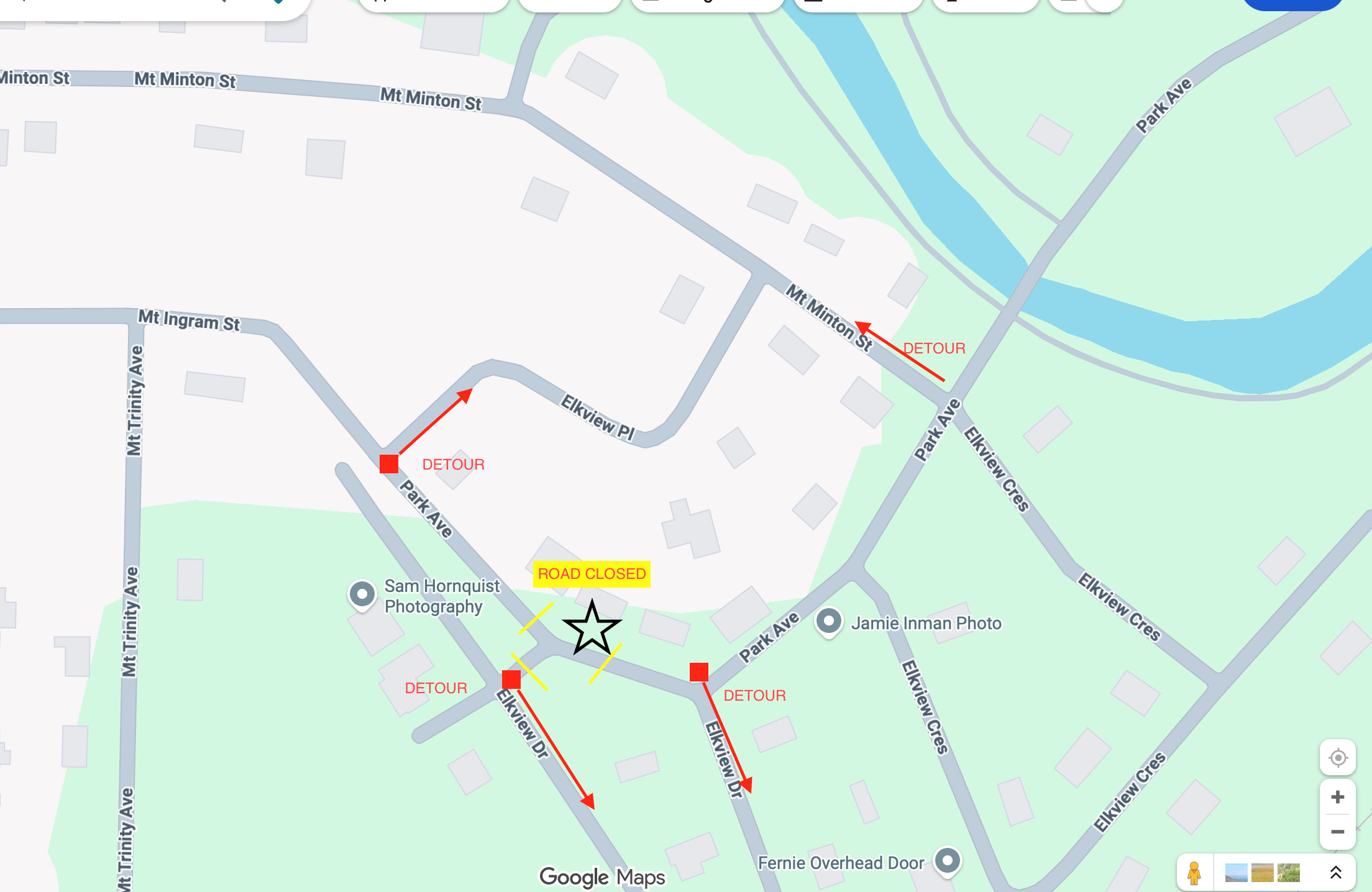 Map of the road closure and detours.